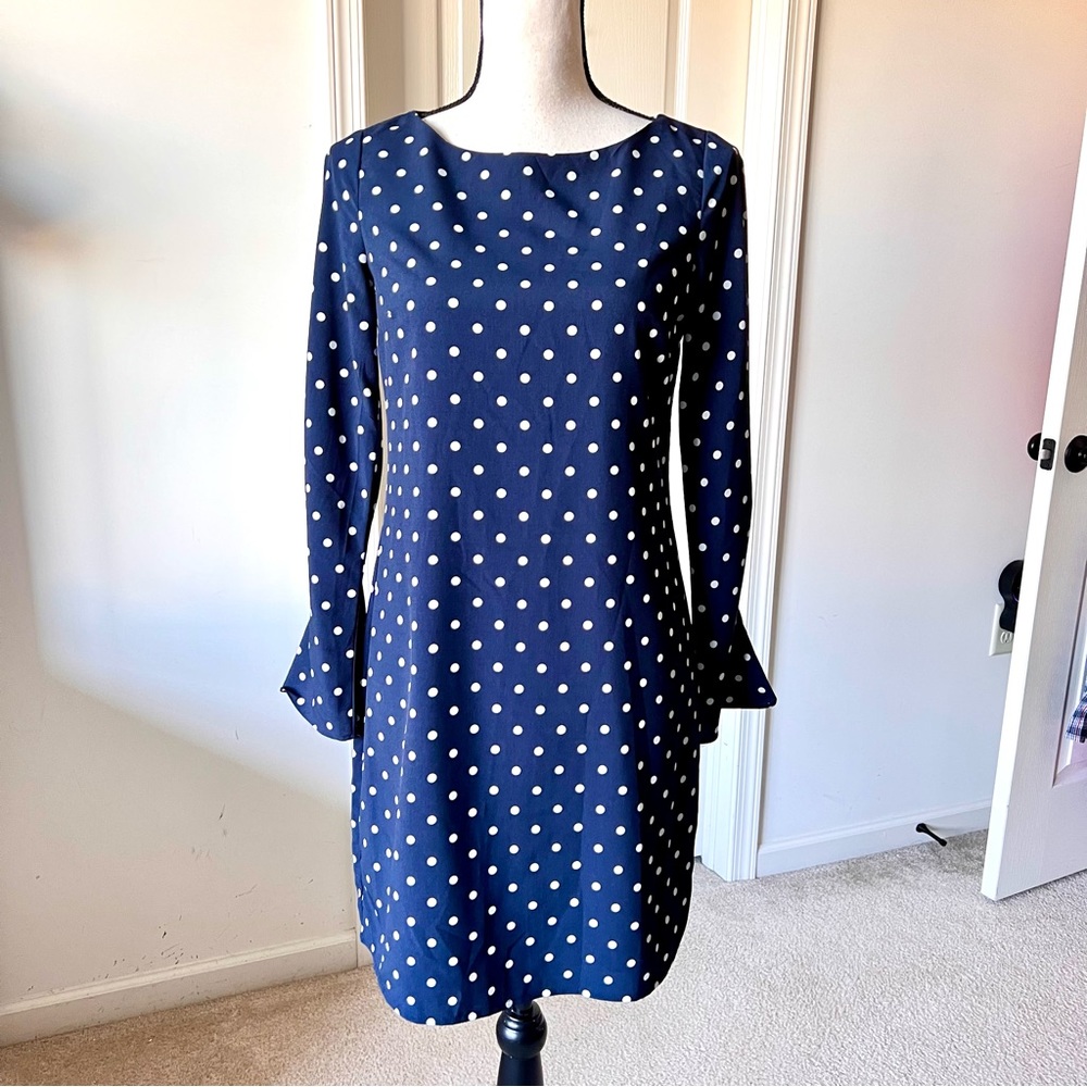 BANANA REPUBLIC Pleated Cuff Navy Long Sleeve Polka Dot Shift Dress—SZ. 0